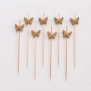 100-Pack Natural Bamboo Skewers 5", Butterfly Design Biodegradable Cocktail Sticks - Eco Friendly Party Picks