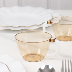 25-Pack Amber Gold Plastic Coffee Cups with Handles 6oz - Hard Disposable Tea Mugs for Hot Drinks