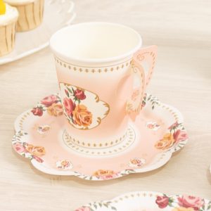 Set of 25 Paper Cups and Saucers in Dusty Rose with Rose Floral Print - Disposable Tea Party Decorations for Vintage & Floral Themed Events